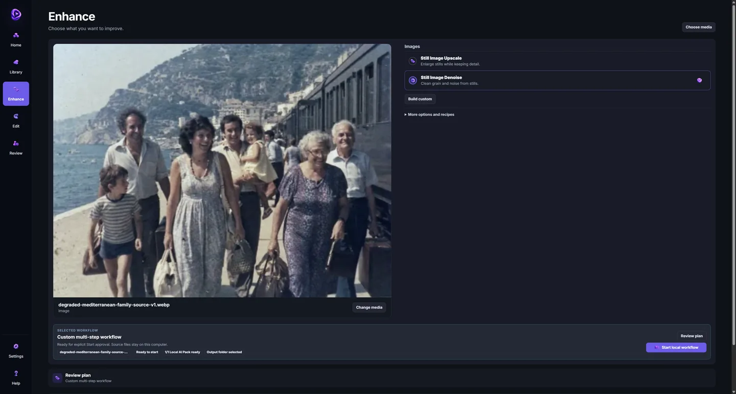 O Studio Desktop Enhance workspace with a synthetic family photograph loaded and a two-step local image workflow ready.